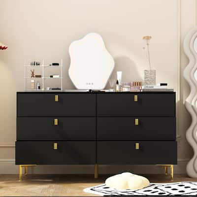 Dresser 6 Drawer Wood Dresser for Bedroom with Storage Modern Gold