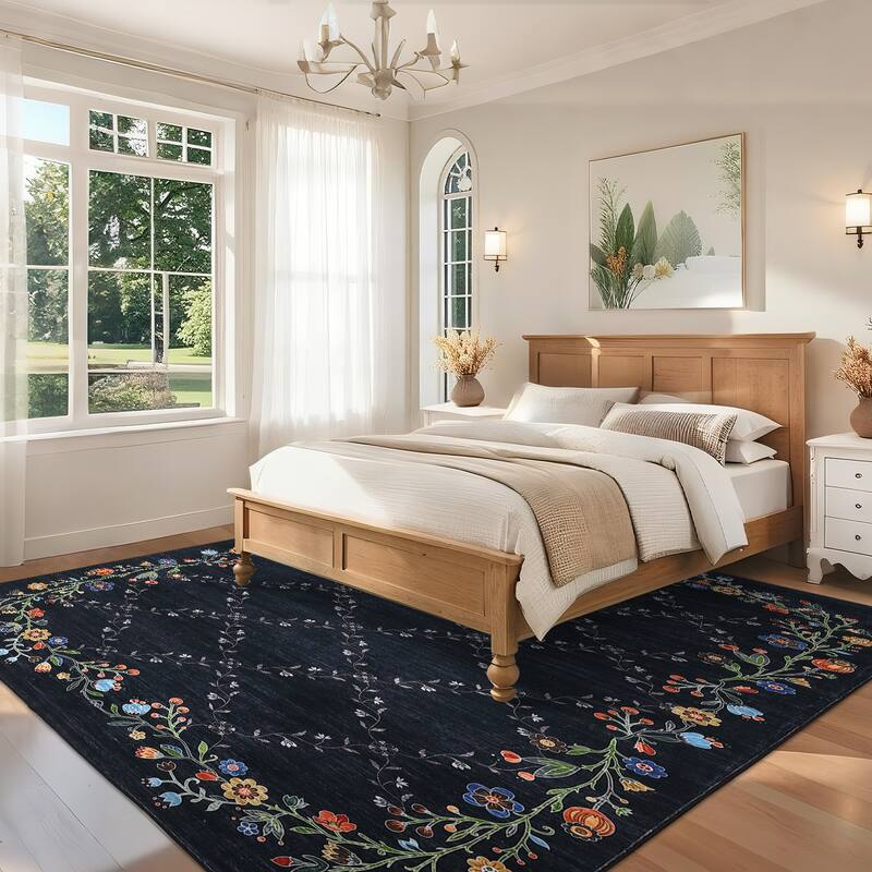 Floral Area Rugs for Living Room Low Pile Non Slip Rugs Washable Soft Foldable Accent Carpet Home Decor