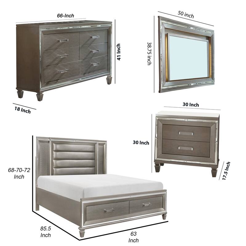 Deci 4 Pc Queen Bedroom, LED Headboard, Mirrored Trim, Champagne Silver