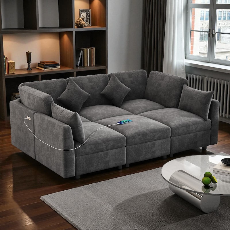 86.6" Modular Sectional Sofa with Ottoman and USB Ports, U-Shaped L-Shape Couch Bed with Chenille Fabric for Living Room