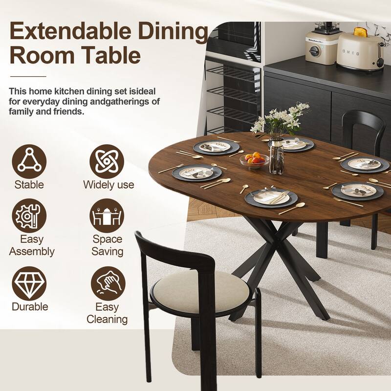 Retractable dining table, round dining table, extendable dining table, 6-person carbon steel base, modern and simple solid wood