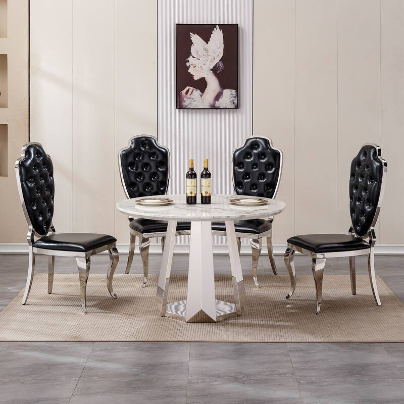 GDFStudio - Lisa Series 47" Round Marble Dining Table and Stainless Steel Base for Dining Room, Kitchen