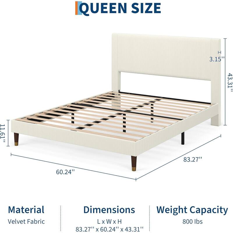 Bed Frame with Headboard, Corduroy Upholstered Platform Bed with Wooden Slats Suppor