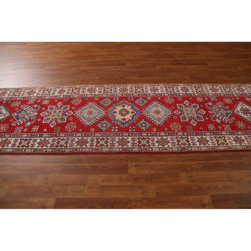 Red Geometric Kazak Oriental Wool Runner Rug Handmade Hallway Carpet - 2'8" x 9'9"