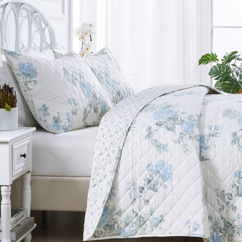 Printed Prewashed Cotton Blue Collection (Individual Set Sell Separately) - Blue Floral Quilt Set - King - 3 Piece