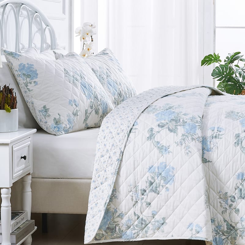 Floral Stripe Printed Prewashed Percale Cotton Quilt Set