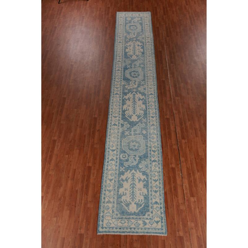 Hand Knotted Oriental 100% Wool Carpet Transitional Geometric Navy Blue & Blues Oushak Runner Rug - 18' 8'' X 3' 2''