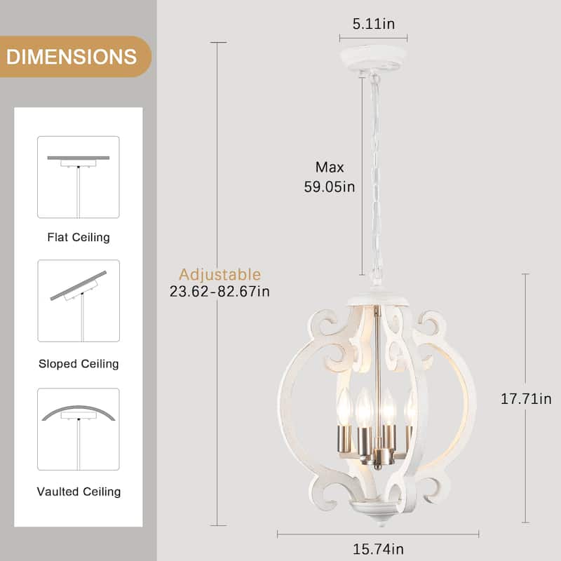 4-Light Antique Wood French Country Chandelier Vintage Pendant for Dining Room