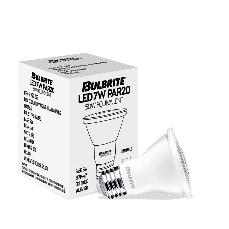 Bulbrite Pack of (4) 7 Watt Dimmable Flood PAR20 Medium (E26) LED Light Bulb - Cool White Light
