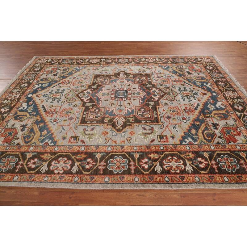 Geometric Heriz Serapi Indian Area Rug Hand-Knotted Grey Wool Carpet - 7'9"x 9'11"