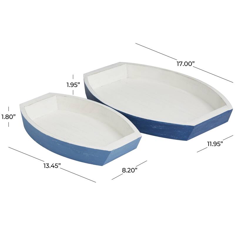 Wood Boat Handmade Distressed Two Toned Tray - Set of 2 Blue - Roche River Decor - 8"W x 13"L x 2"H