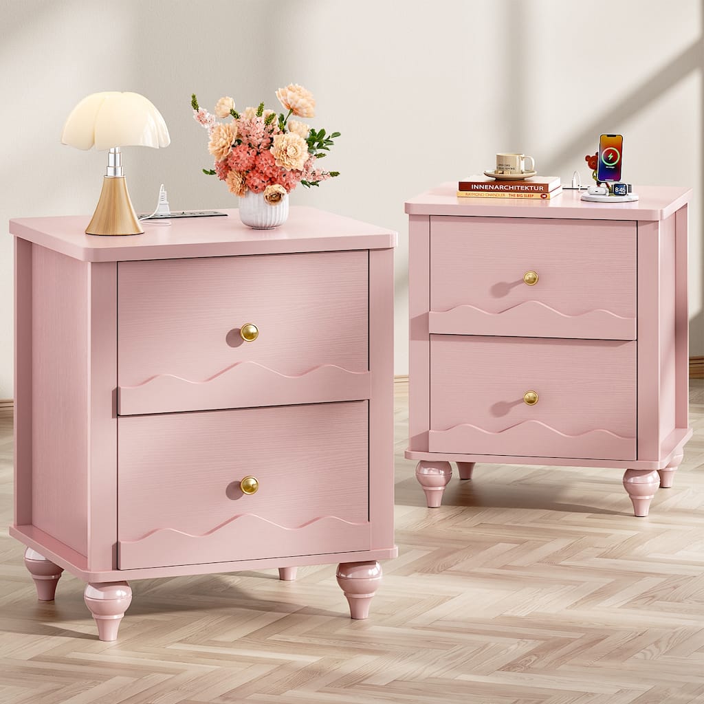 Narvil Wave-Inspired Nightstand with Charging Station, Side End Table with 2 Drawers