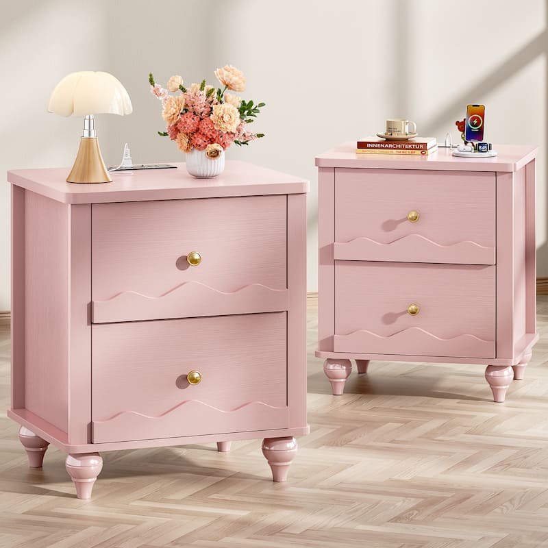 Narvil Wave-Inspired Nightstand with Charging Station, Side End Table with 2 Drawers