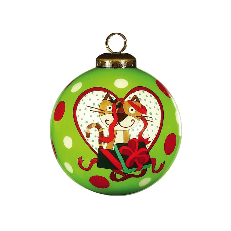 Charming Cat in a Heart Hand Painted Mouth Blown Glass Ornament - 3" x 3" x 3"