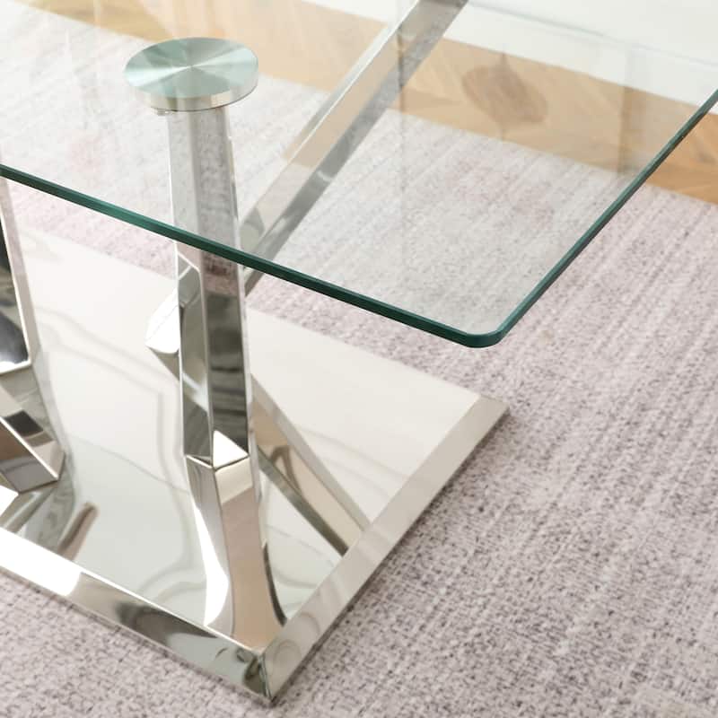 63" Glass Dining Table Set for 4, 5 Piece Dining Table and Chairs Set, Rectangular Table with 4 Faux Leather Chairs & Metal Legs