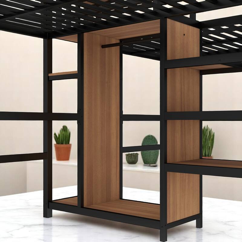 Twin Over Twin Metal Loft Bed with Dual Desks, Wardrobe, Charging Ports & Storage Shelves, Space-Saving Design for Kids & Teens