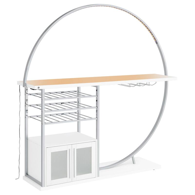 Riya Home Bar Table, LED Light, Cabinets, Wine Storage, White, Chrome Metal