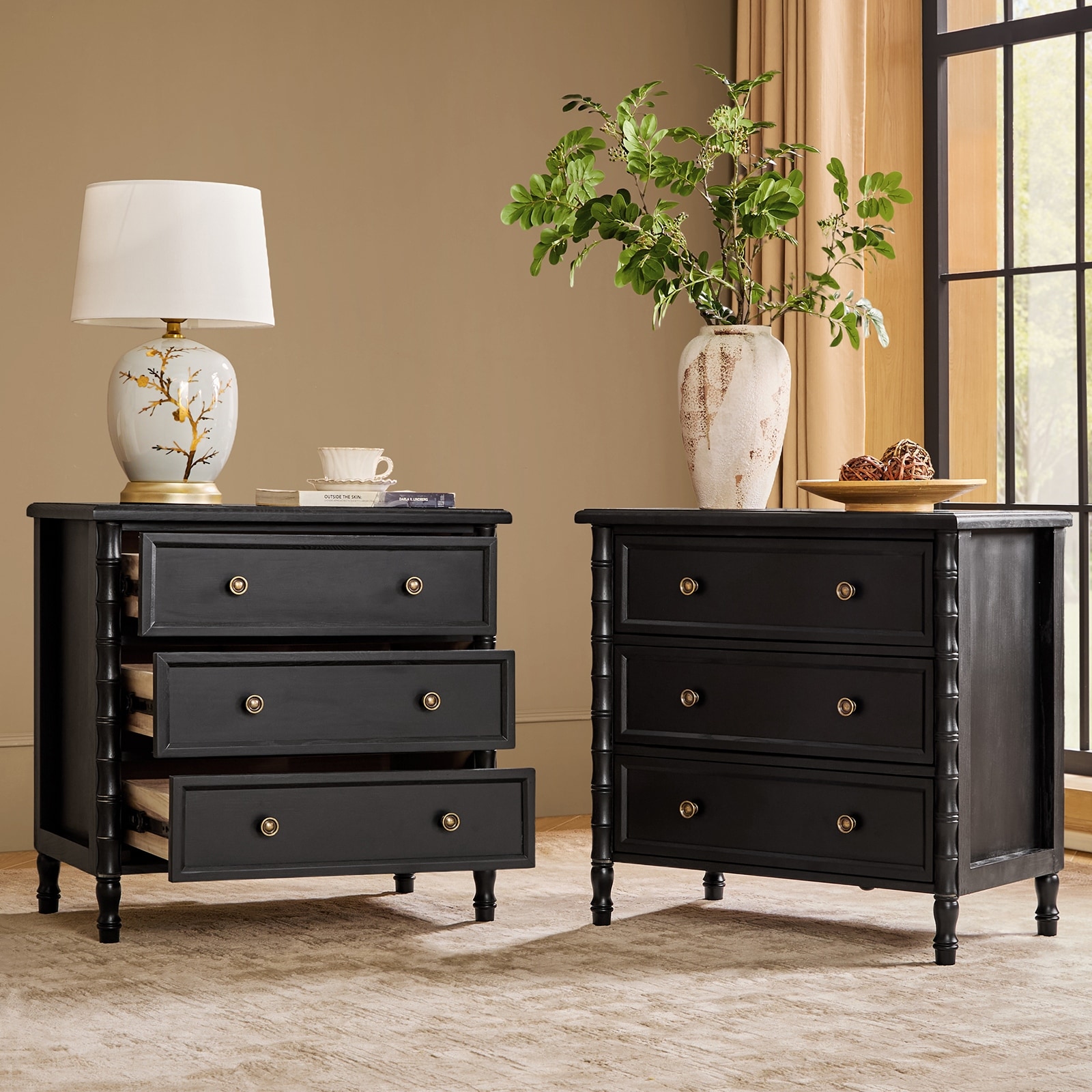 HULALA HOME Carol Transitional 28''Tall 28"W 3-Solid Wood-Drawer End Table with Charging Station and USB ports Set of 2