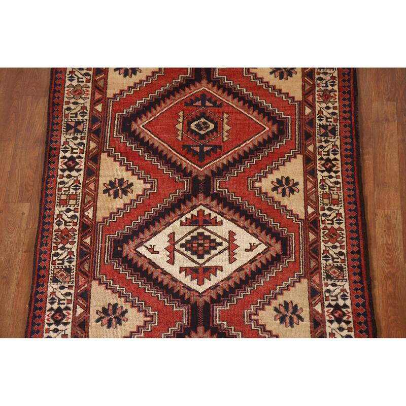 Geometric Red Ardebil Persian Vintage Runner Rug Handmade Wool Carpet - 3'6"x 10'7"
