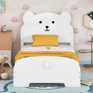Twin Size Wood Platform Bed with Bear-Shaped Headboard, Footboard, and Wooden Support