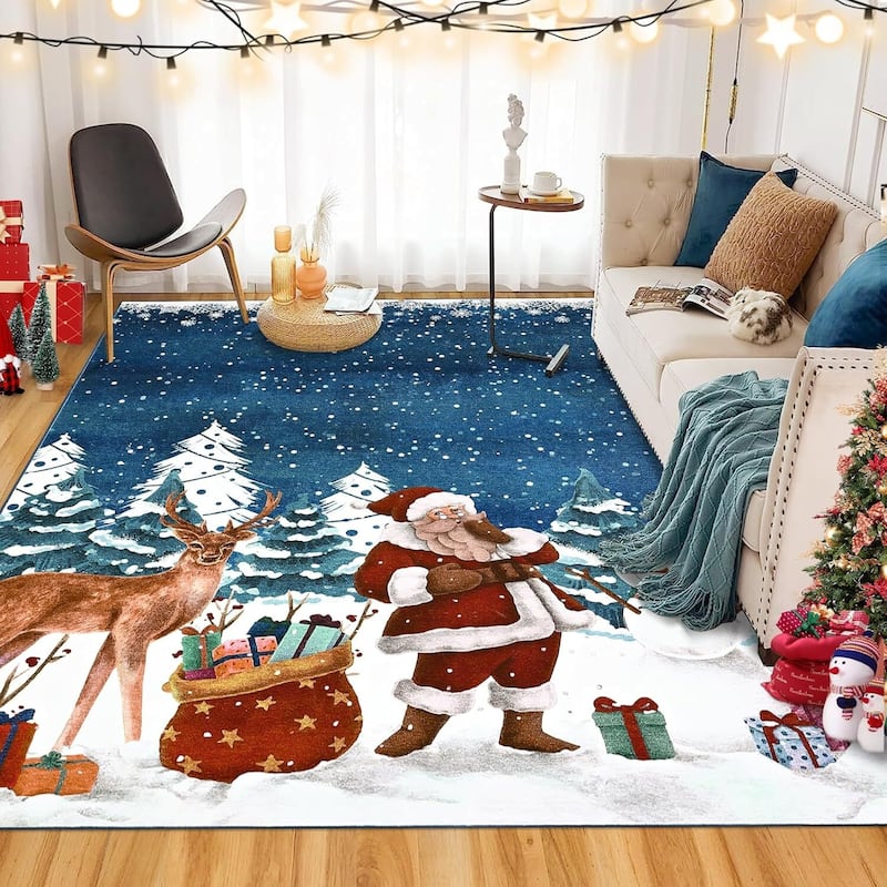 Soft Non-Slip Washable Christmas Santa Claus Area Rugs, Xmas Holiday, Blue - 4*6ft
