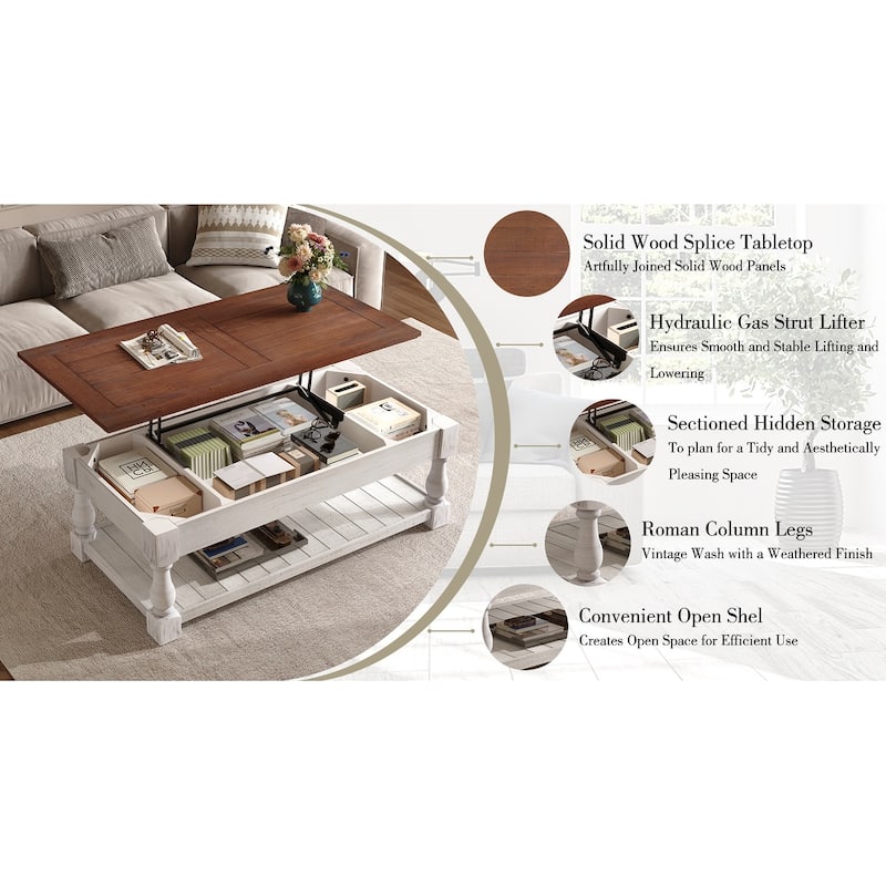 Farmhouse 47.24" Lift Top Coffee Table with Storage Trays Handcrafted Solid Wood for Stylish Living Room Storage