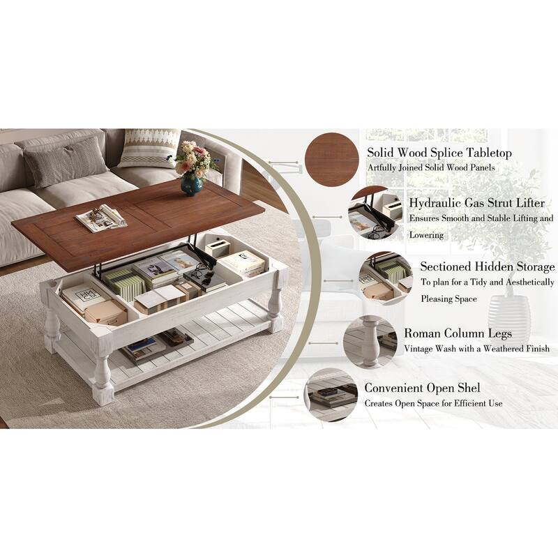 Rossetta Wooden Rustic Elegance Handsomely Crafted Splice Tabletop Lift Top Coffee Table with Fixed Shelf