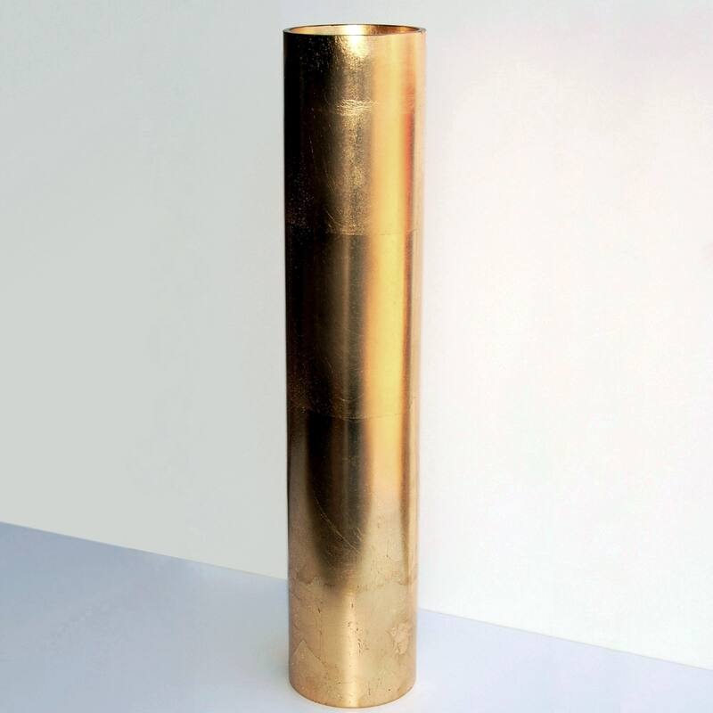 20 Inch Glass Cylinder Shape Hand Gilded Vase with Metal Leaf Details and Distressed Finish