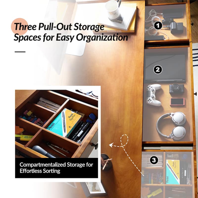 Eugenia Mid-century Office Desk with Drawer Divider&Cable Management&Charging Station by HULALA HOME