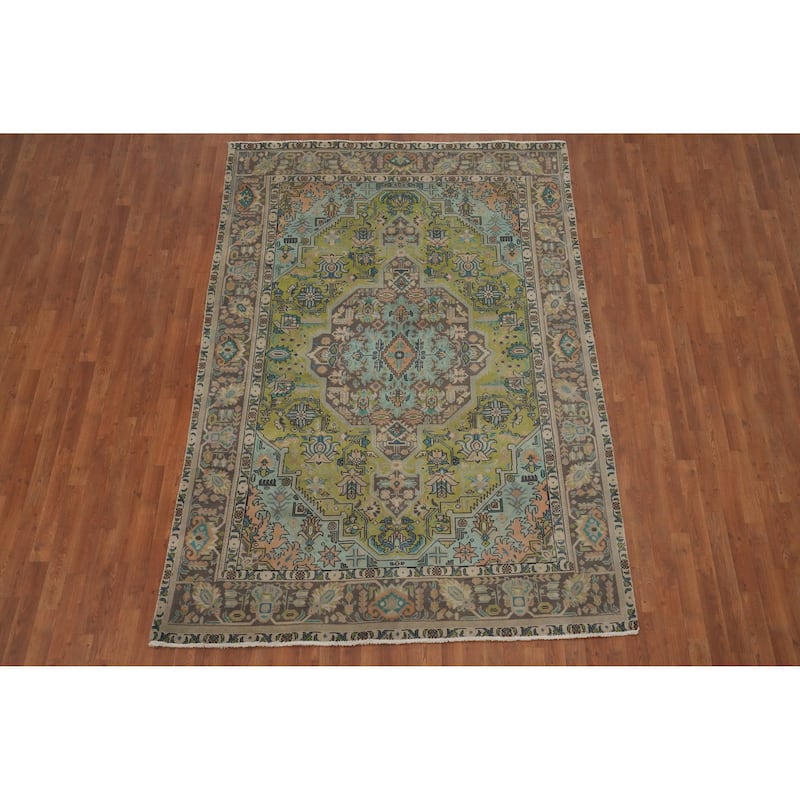 Hand Knotted Oriental 100% Wool Carpet Traditional Medallion Green Tabriz Area Rug - 9' 2'' X 6' 5''