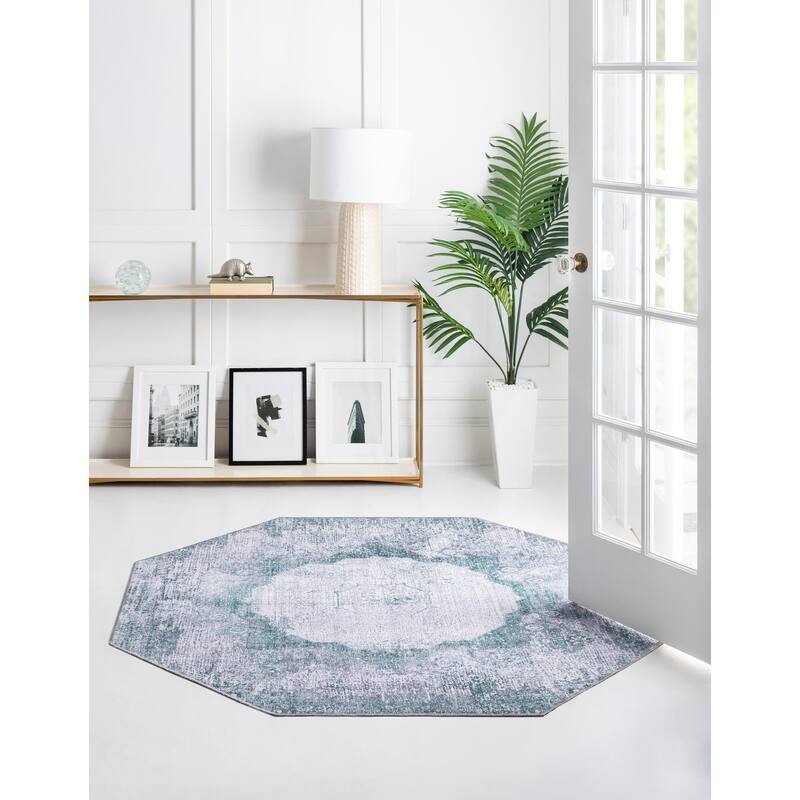 Transitional Tira Collection Area Rug - 7'10"x7'10" Octagon - Teal-Ivory