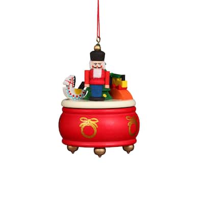 3” Red Music Box with Nutcracker Christmas Handcrafted Wooden Ornament