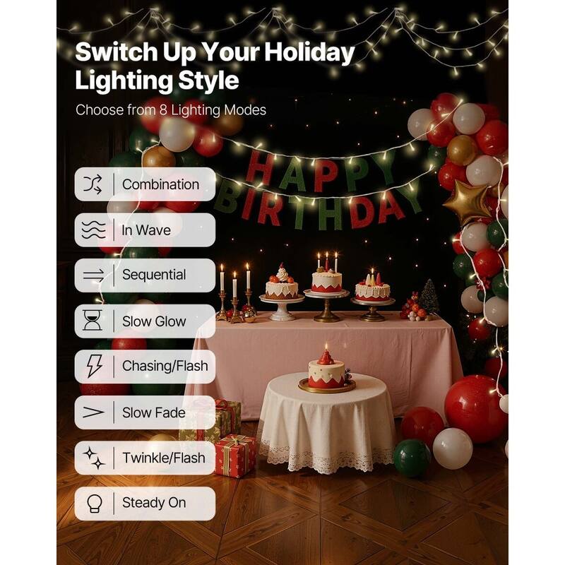 Warm White LED Christmas String Lights 200 Bulbs 76ft with Timer - 76 FT