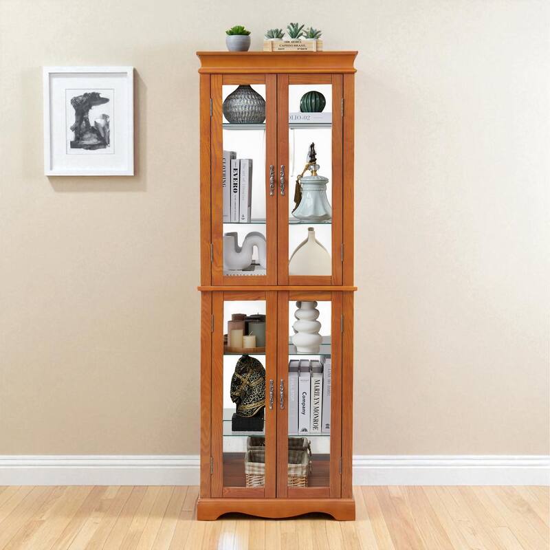 Lighted Glass Display Cabinet with Adjustable Shelves, Wood Frame and Six-Tier Design, Bulb Included - Oak