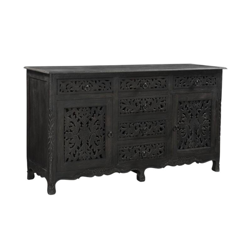 HomeRoots 66" Black Distressed Solid Wood Carved Floral Six Drawer Sideboard With Two Doors - 66.00 in. x 36.00 in. x 20.00 in.