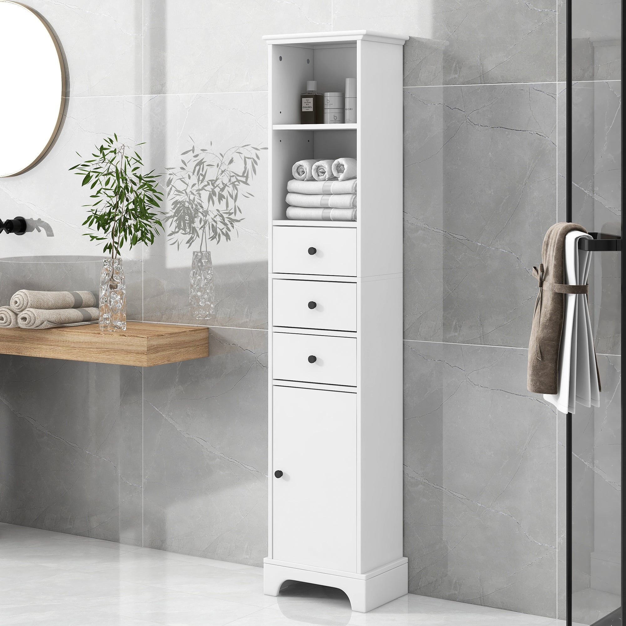 Tall white hotsell freestanding bathroom cabinet