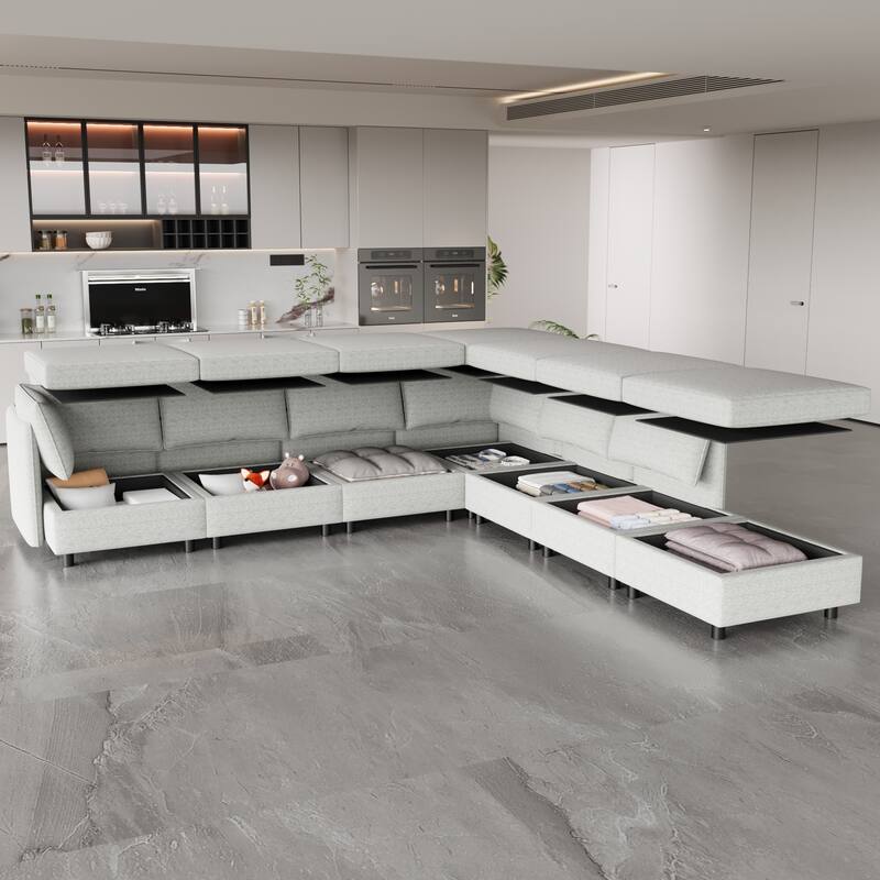 Grey 129'' Convertible 8-Seat Modular Sectional Sofa with Storage Ottoman and Comfortable Sleeper Options