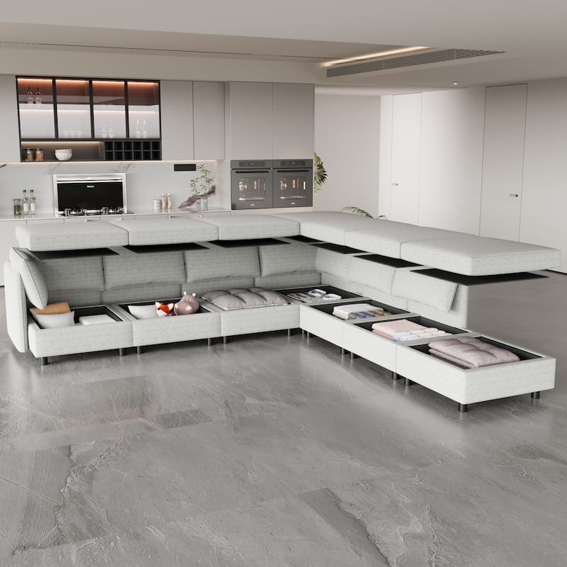 Grey 68'' L-Shaped 6-Seater Modular Sectional Sofa with Storage, Convertible Ottoman, High-Density Foam, and Pocket Springs