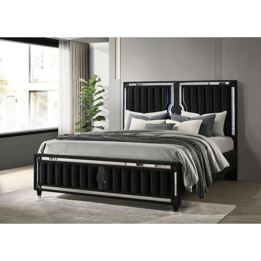 Ravenne Velvet Upholstered LED Panel Bed Black