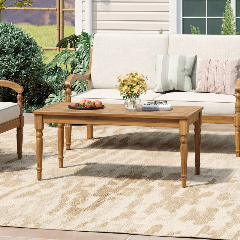 Roomfitters Classic Acacia Wood Outdoor Coffee Table with Carved Legs, Slatted Top Garden Patio Table, Natural Finish
