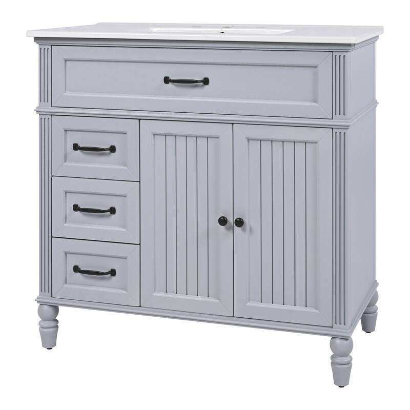 36" Bathroom Vanity with Ceramic Sink Top, Freestanding Bathroom Vanity Cabinet with 2 Doors and 2 Storage Drawers