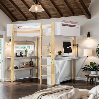Full Size Wood Loft Bed With Cabinet and Cubes, Foldable desk, White