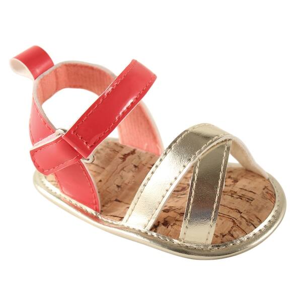 slide 1 of 1, Luvable Friends Baby Girl Crib Shoes, Coral And Gold 0-6 Months - Coral And Gold