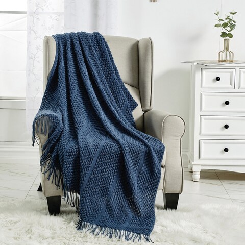 Wellco Reversible Soft Knitted Throw Blanket With Boho Tassels - 50" x 60", Solid Color, Blue