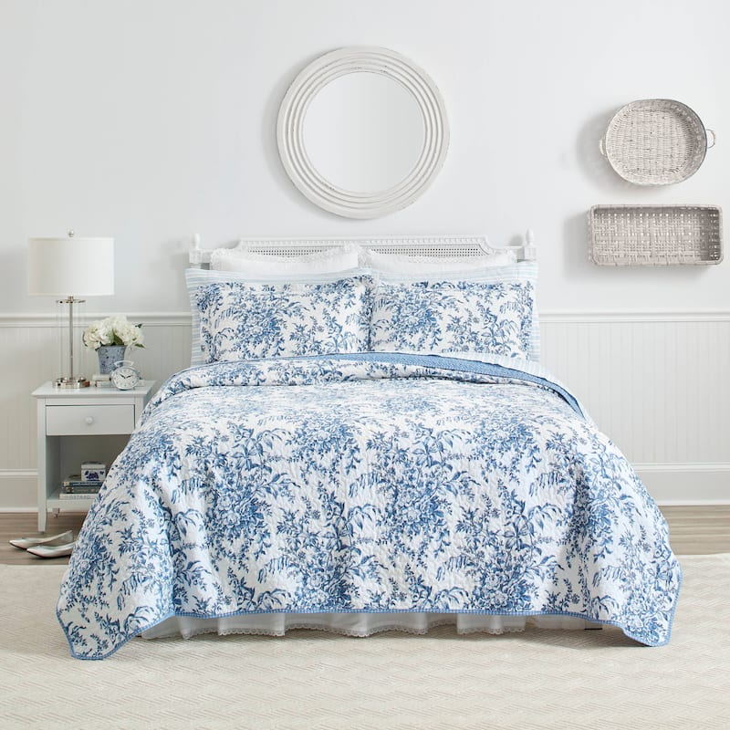 Laura Ashley Bedford Cotton Reversible Quilt Set - Blue - Full - Queen