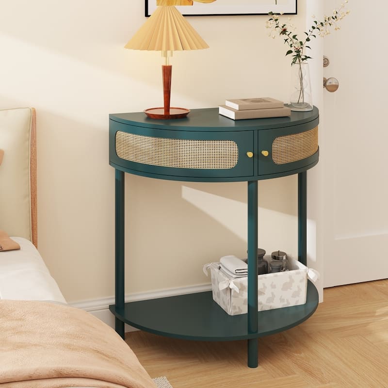 Half Moon Design End Table with Sliding Rattan Door