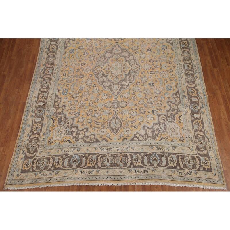 Hand Knotted Oriental 100% Wool Carpet Traditional Floral Yellow & Gold Mashad Area Rug - 12' 5'' X 9' 4''