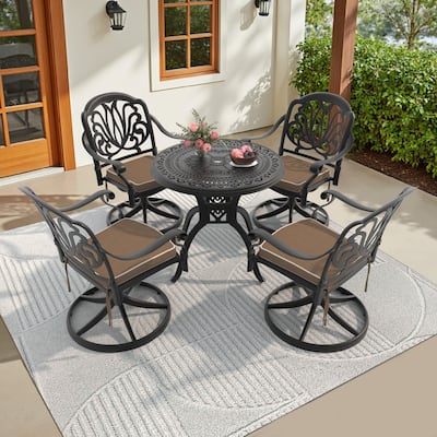 5-Piece Aluminum Round Outdoor Patio Dining Set, 4 Cushioned Swivel Chairs, Table, All-Weather Frames