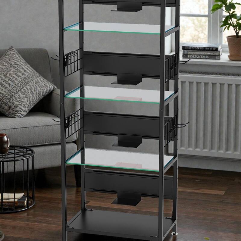 4 Tier Glass Display Shelf with RGB LED Lights, Metal Standing Curio Shelf with Adjustable Box and Hooks