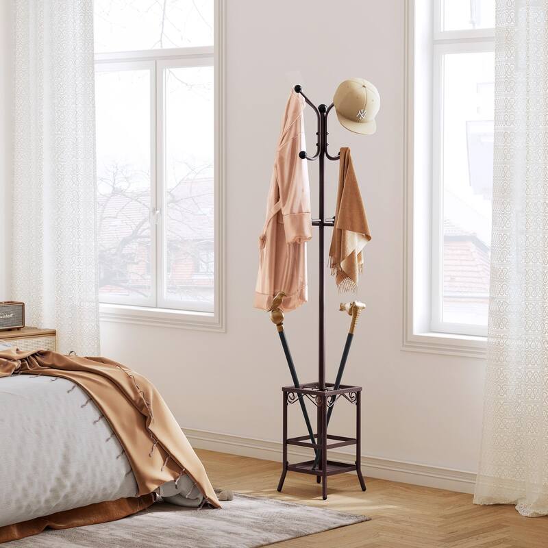 Coat Rack Freestanding,Entryway Coat Hanger Stand,Umbrella Holder,Hall Tree With 12 Hooks,Standing Coat Rack